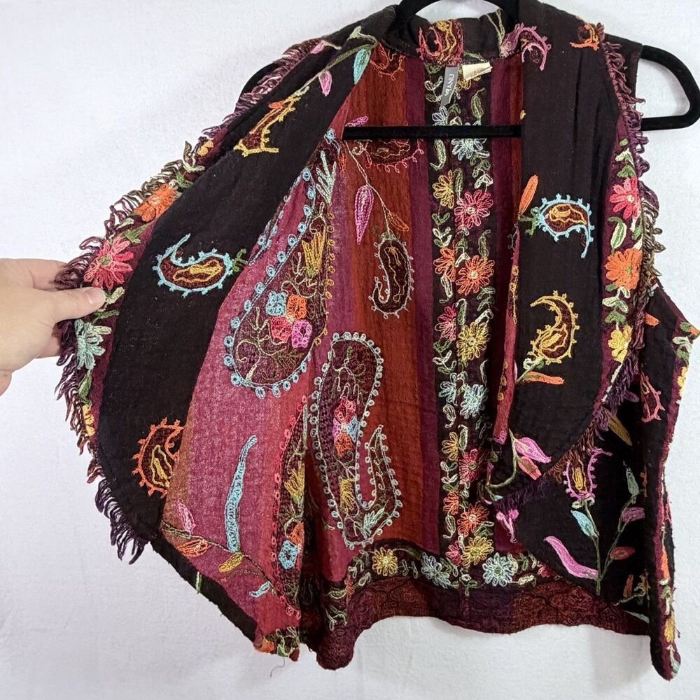 ANU 100% Wool Artsy Art to Wear Colorful Embroidered Boho Woven Vest Women's L - Picture 5 of 9